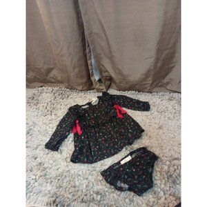 Girls Jessica Simpson Black Floral Print 2 Piece Set Red Bow Detail Size 12M
